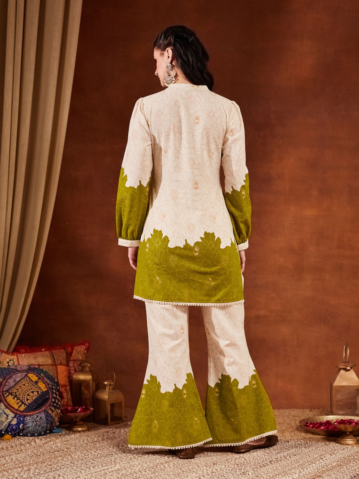 Green Printed Cotton Women's Top and Palazzo Set