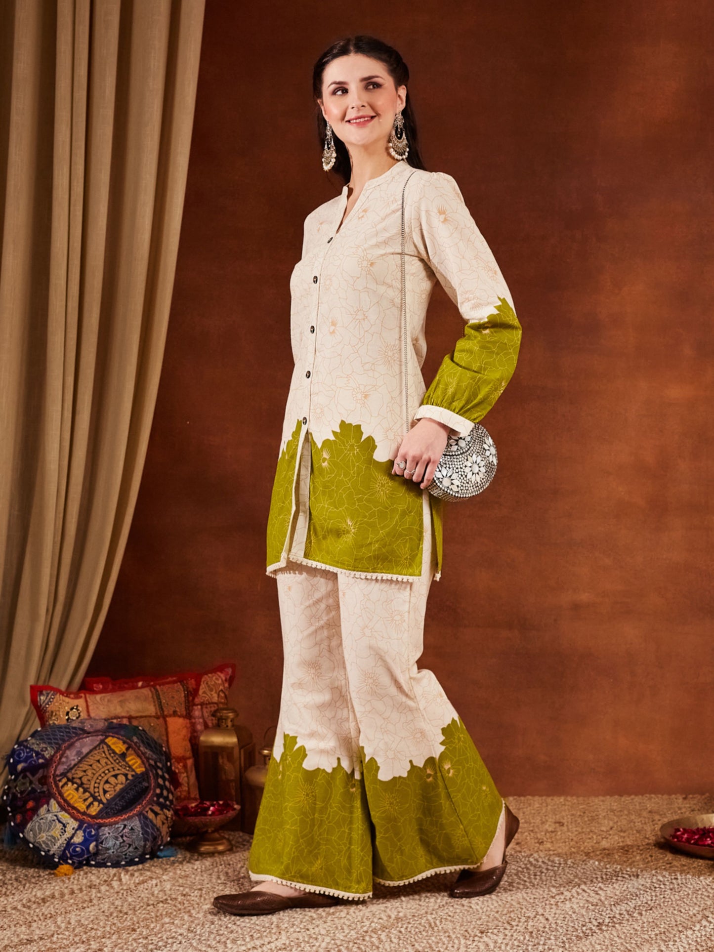 Green Printed Cotton Women's Top and Palazzo Set