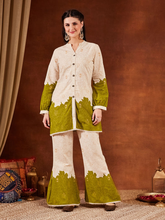 Green Printed Cotton Women's Top and Palazzo Set