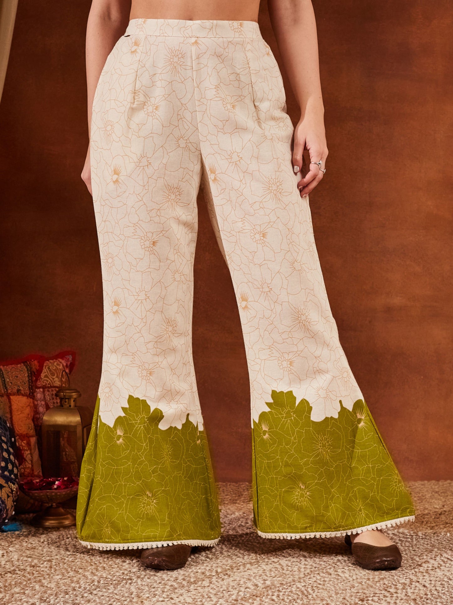 Green Printed Cotton Women's Top and Palazzo Set