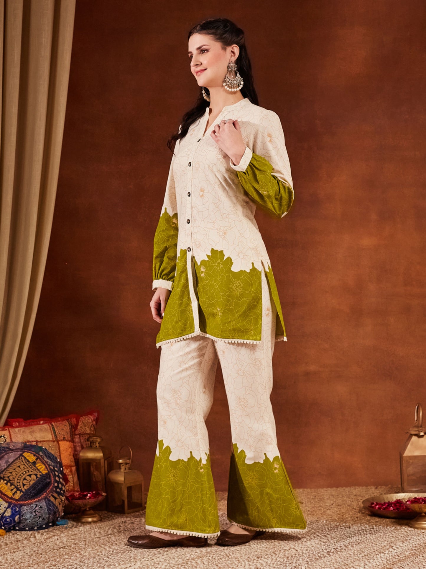 Green Printed Cotton Women's Top and Palazzo Set