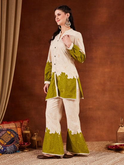 Green Printed Cotton Women's Top and Palazzo Set