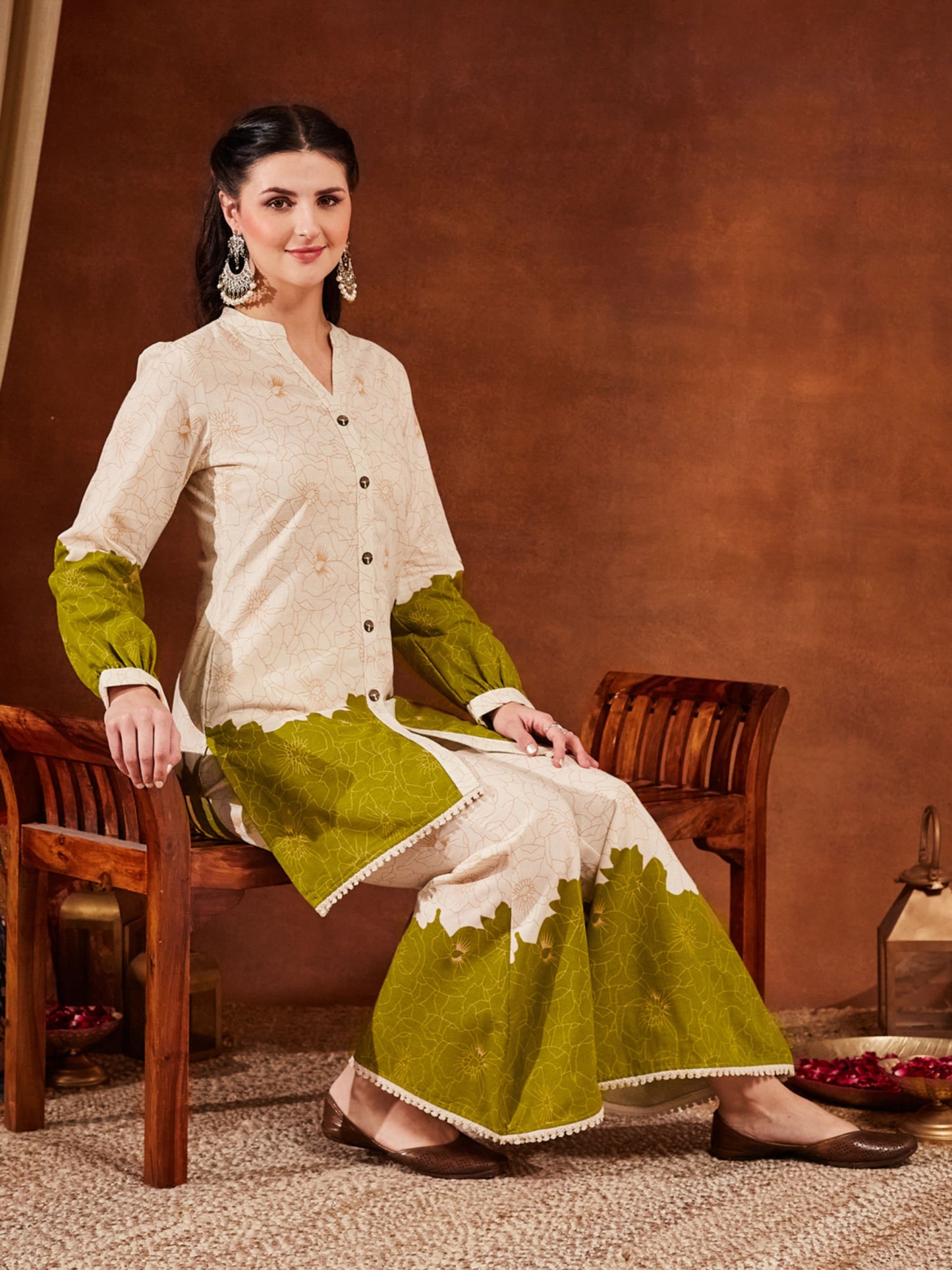 Green Printed Cotton Women's Top and Palazzo Set