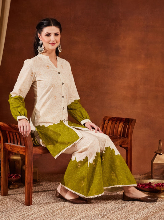 Green Printed Cotton Women's Top and Palazzo Set