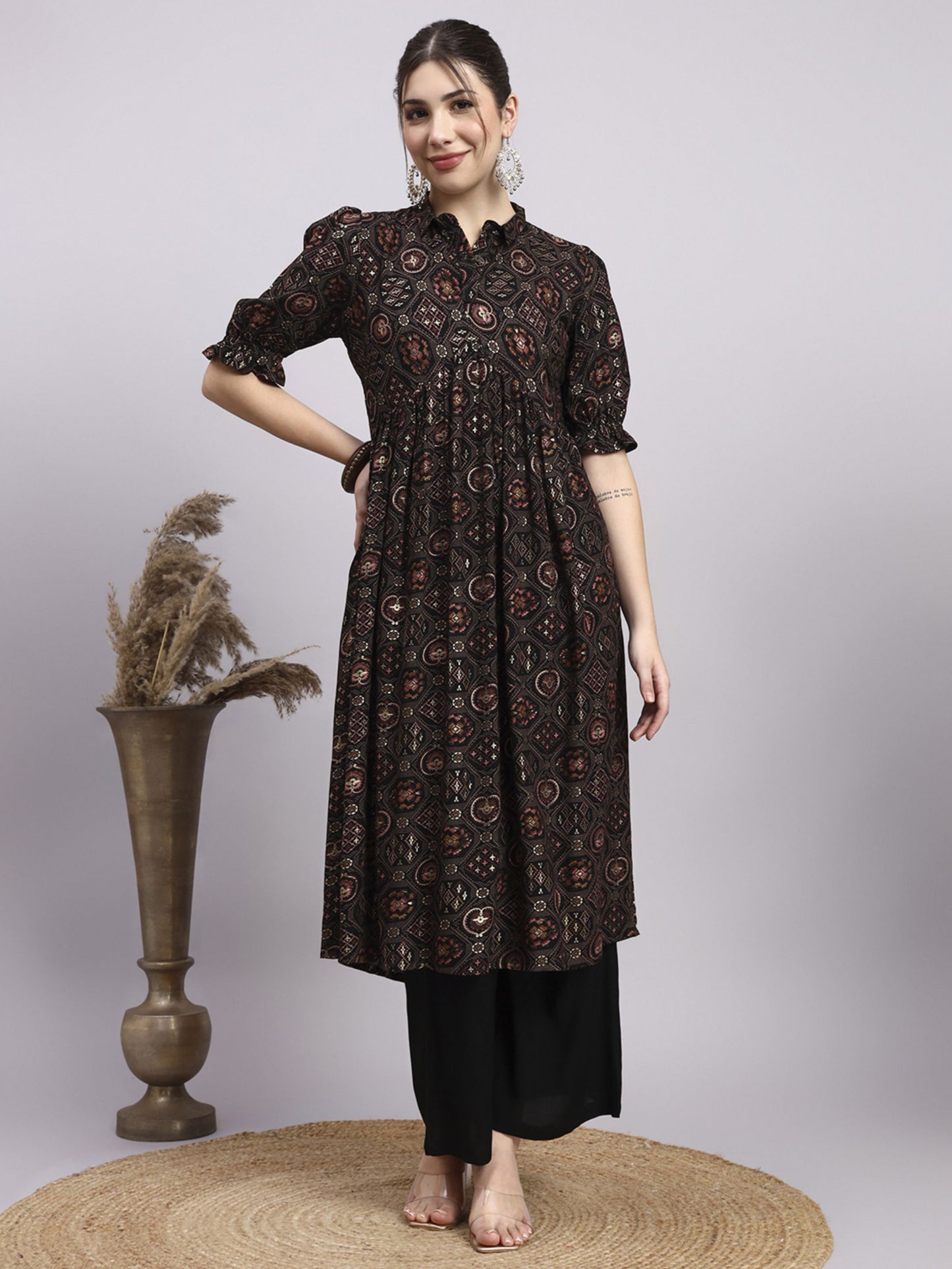 Black Printed Rayon Women's Kurta and Palazzo Set