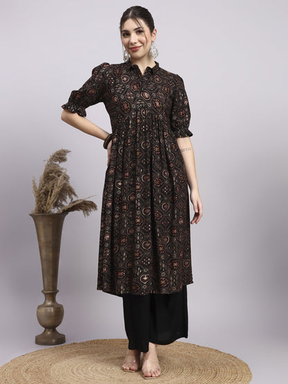 Black Printed Rayon Women's Kurta and Palazzo Set
