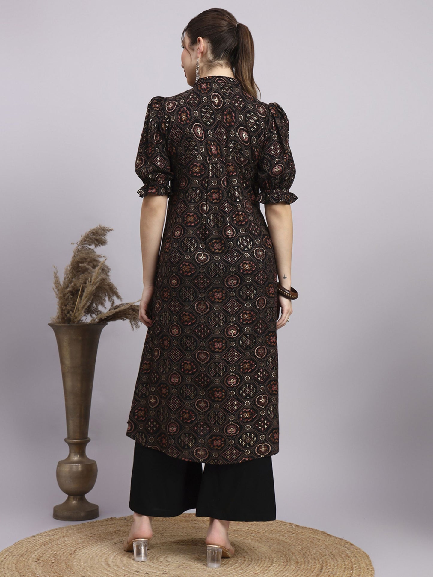 Black Printed Rayon Women's Kurta and Palazzo Set