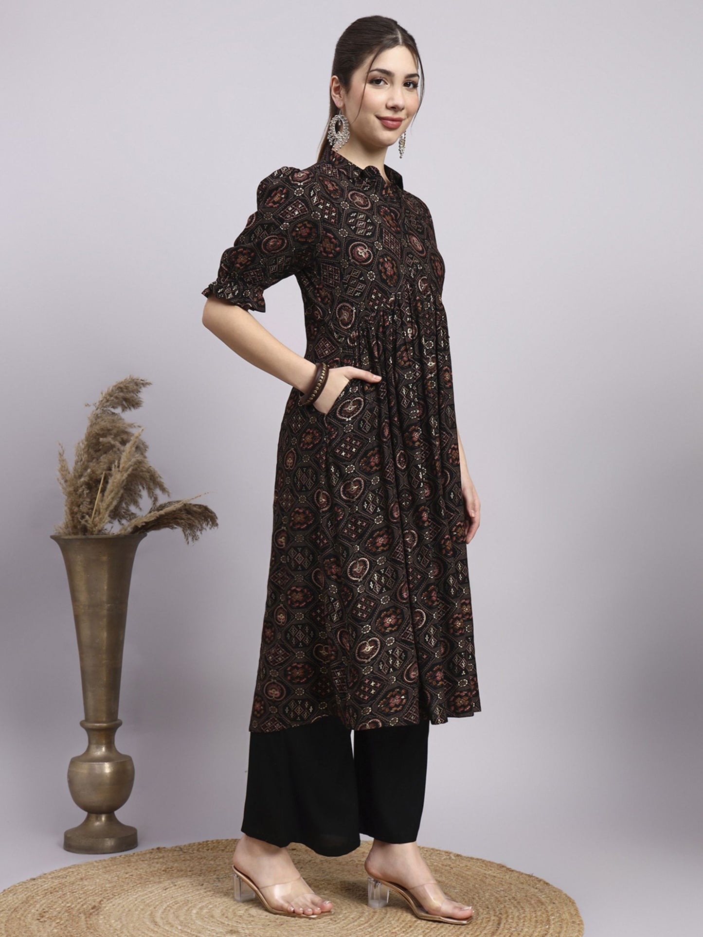 Black Printed Rayon Women's Kurta and Palazzo Set