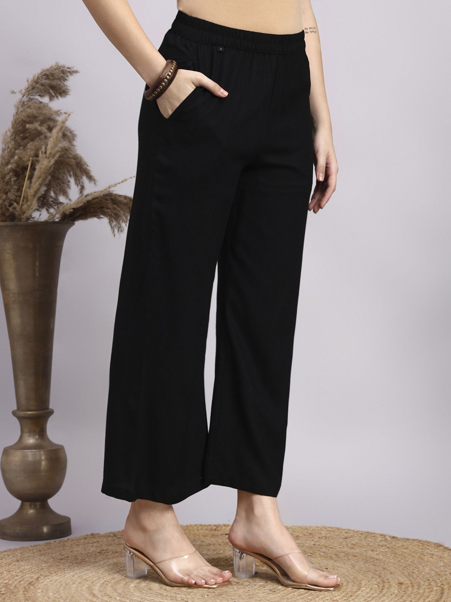 Black Printed Rayon Women's Kurta and Palazzo Set