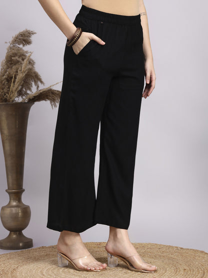 Black Printed Rayon Women's Kurta and Palazzo Set