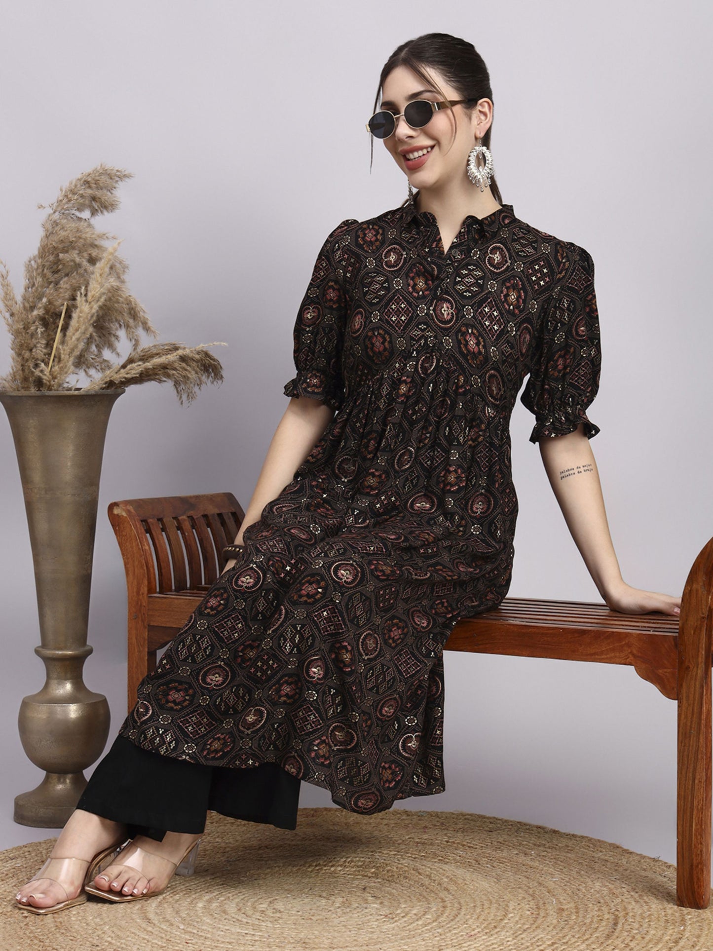 Black Printed Rayon Women's Kurta and Palazzo Set