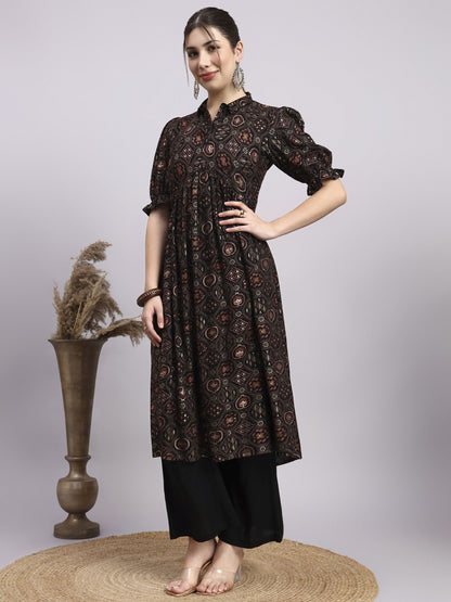 Black Printed Rayon Women's Kurta and Palazzo Set