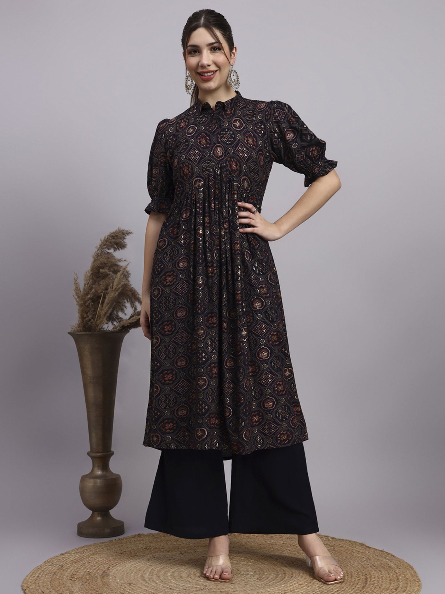 Black Printed Rayon Women's Kurta and Palazzo Set