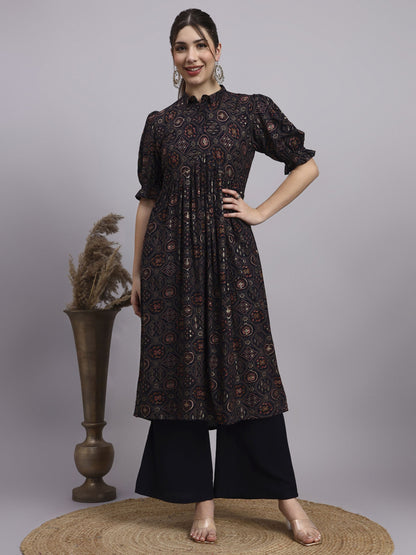 Black Printed Rayon Women's Kurta and Palazzo Set