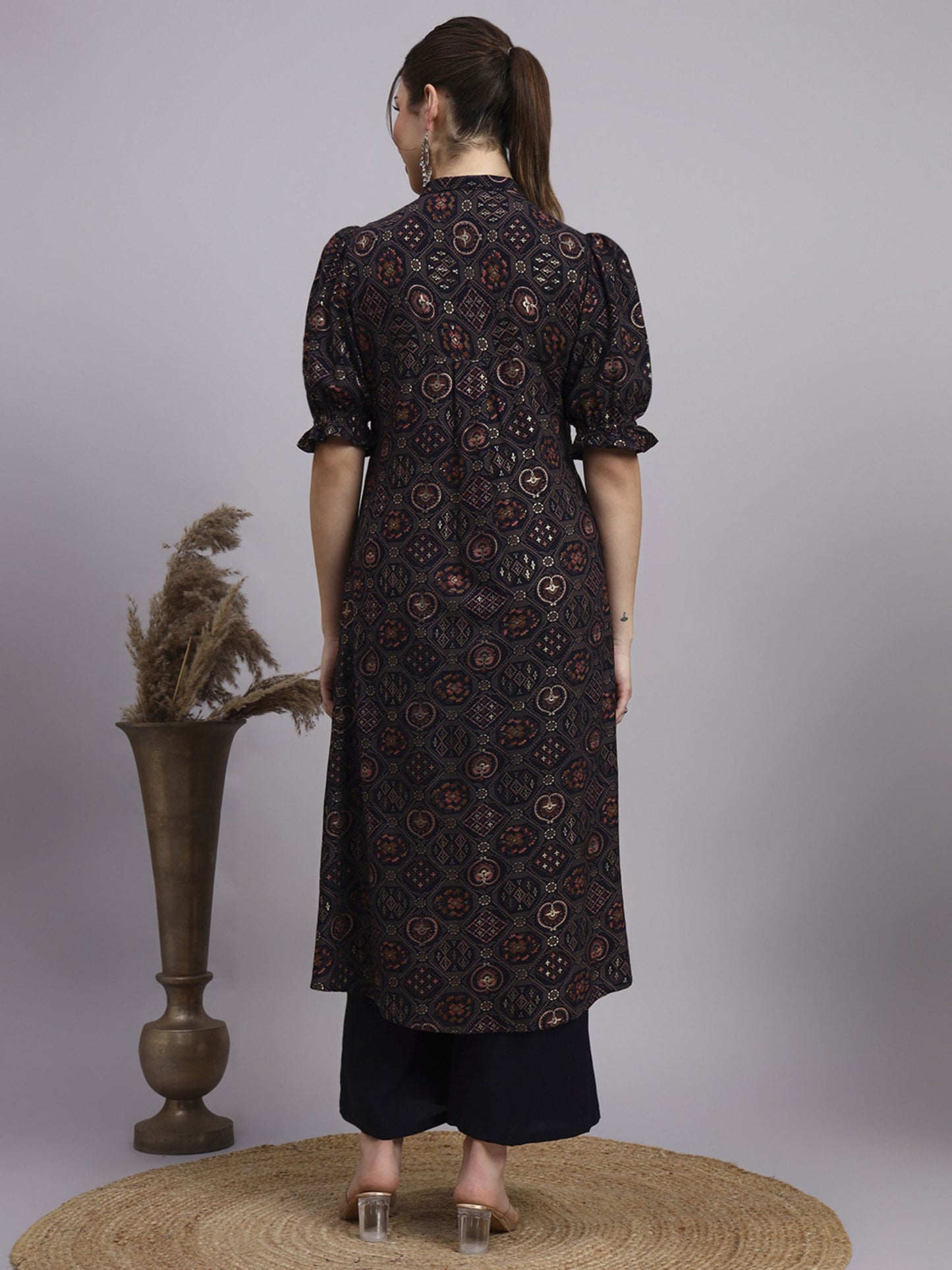 Black Printed Rayon Women's Kurta and Palazzo Set