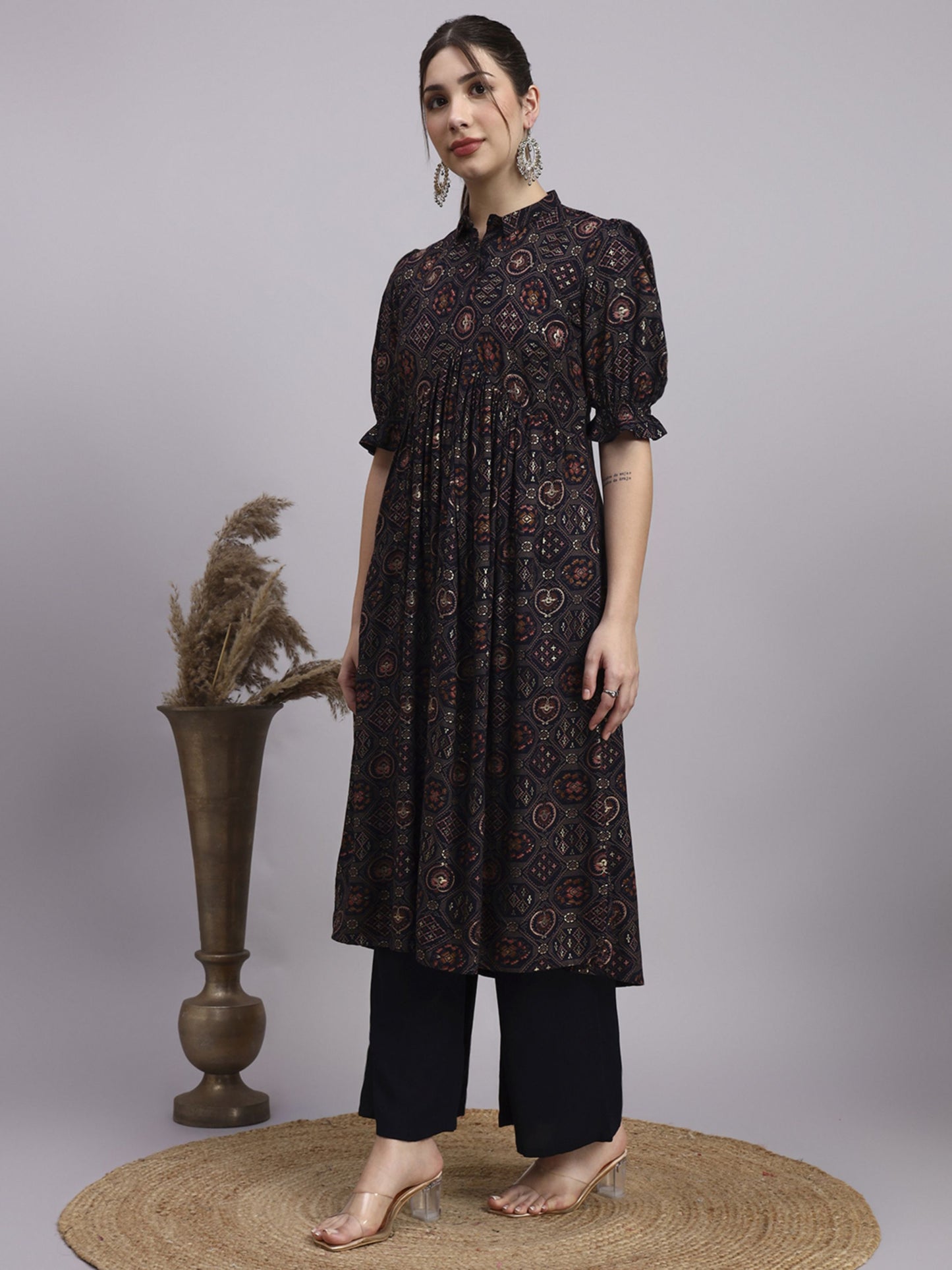 Black Printed Rayon Women's Kurta and Palazzo Set