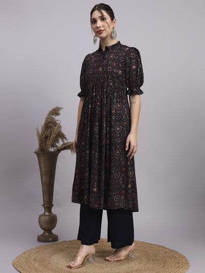 Black Printed Rayon Women's Kurta and Palazzo Set