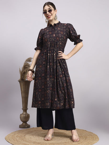 Black Printed Rayon Women's Kurta and Palazzo Set