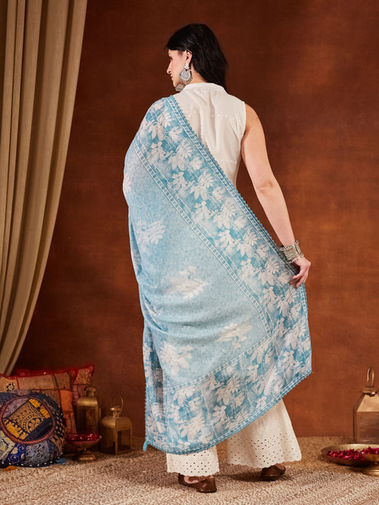 Sky Blue Embroidered Cotton Women's Kurta,Palazzo and Dupatta Set