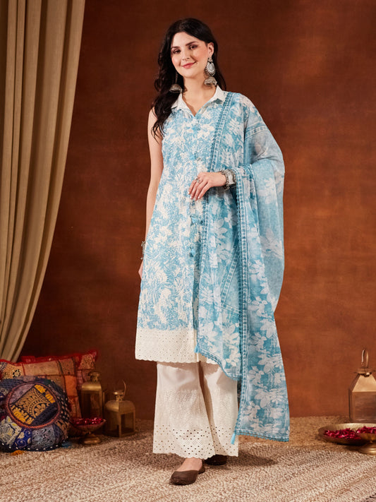 Sky Blue Embroidered Cotton Women's Kurta,Palazzo and Dupatta Set