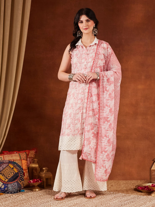 Baby Pink Embroidered Cotton Women's Kurta,Palazzo and Dupatta Set