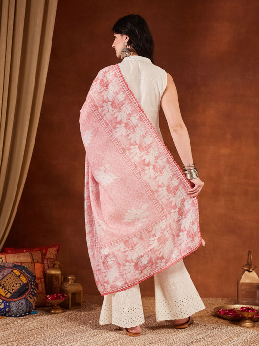 Baby Pink Embroidered Cotton Women's Kurta,Palazzo and Dupatta Set